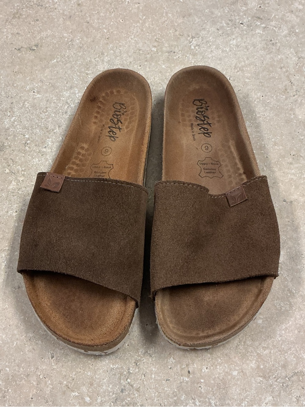 BioStep Made In Spain SZ 9 Suede Single-band Brown Slip On Sandle